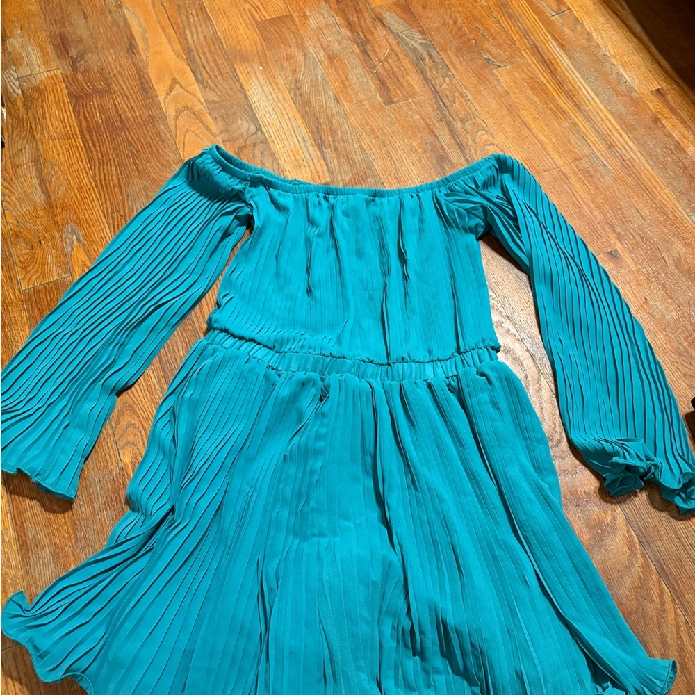 Teal Off-Shoulder Pleated Dress